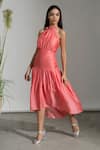 Buy_AMRTA by GUNEET KONDAL_Coral Shell - Cotton Silk Blend Plain Halter Gathered Neck Midi Dress _Online_at_Aza_Fashions