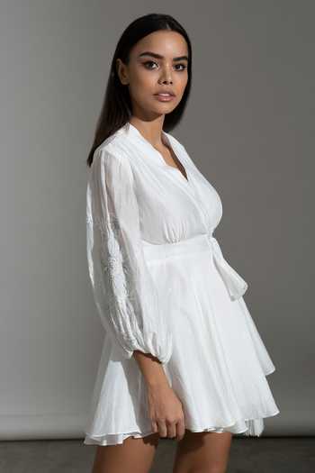 Amrta By Guneet Kondal_White Cotton, Silk, Viscose Embroidery, Tassels V-neck Santorini Flower Dress _Online_at_Aza_Fashions