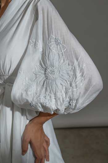 Shop_Amrta By Guneet Kondal_White Cotton, Silk, Viscose Embroidery, Tassels V-neck Santorini Flower Dress _Online_at_Aza_Fashions