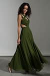 Shop_AMRTA by GUNEET KONDAL_Green Shell 100% Viscose Georgette V Neck Cappadocia Cut-out Gown _Online_at_Aza_Fashions