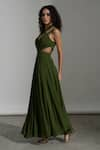 AMRTA by GUNEET KONDAL_Green Shell 100% Viscose Georgette V Neck Cappadocia Cut-out Gown _at_Aza_Fashions