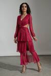 Amrta By Guneet Kondal_Pink Chiffon, Viscose V-neck Shimmer Cut-out Gown _Online_at_Aza_Fashions