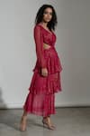 Buy_Amrta By Guneet Kondal_Pink Chiffon, Viscose V-neck Shimmer Cut-out Gown _Online_at_Aza_Fashions