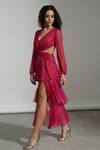 Shop_Amrta By Guneet Kondal_Pink Chiffon, Viscose V-neck Shimmer Cut-out Gown _Online_at_Aza_Fashions