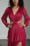 Amrta By Guneet Kondal_Pink Chiffon, Viscose V-neck Shimmer Cut-out Gown _at_Aza_Fashions