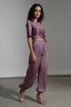 Buy_AMRTA by GUNEET KONDAL_Purple Viscose Asymmetric Soho Handmade Knotted Top And Pant Set _Online_at_Aza_Fashions