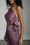 Shop_AMRTA by GUNEET KONDAL_Purple Viscose Asymmetric Soho Handmade Knotted Top And Pant Set _Online_at_Aza_Fashions