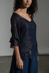 Buy_AMRTA by GUNEET KONDAL_Blue Plain V Neck Sorrento Crotchet Lace Top And Abu Dhabi Pant Set _Online_at_Aza_Fashions