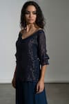 Shop_AMRTA by GUNEET KONDAL_Blue Plain V Neck Sorrento Crotchet Lace Top And Abu Dhabi Pant Set _Online_at_Aza_Fashions