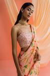 Shop Drishti & Zahabia Peach Silk Pearls, Sequins, Botanical Print Pre-draped Ruffle Saree With Blouse Online at Aza Fashions Shop_Drishti & Zahabia_Peach Silk Pearls, Sequins, Botanical Print Pre-draped Ruffle Saree With Blouse_Online_at_Aza_Fashions