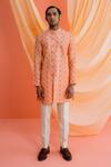 Buy_Drishti & Zahabia_Peach Kurta Dupion Silk And Pants Silk Lining Checkered Set _Online_at_Aza_Fashions