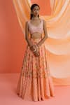 Drishti & Zahabia_Peach Dupion Silk Print Floral V Neck Botanical Panelled Lehenga Set _Online_at_Aza_Fashions