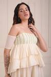 Shwetanga_Ivory Cotton Embroidery, Lace Square Neck Organic Tiered Top And Sharara Set _at_Aza_Fashions