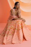 Shop_Drishti & Zahabia_Peach Dupion Silk Print Floral V Neck Botanical Panelled Lehenga Set _Online_at_Aza_Fashions