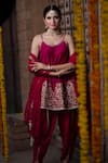 Shop_Leela By A_Maroon Chanderi Embroidery Zari Round Kurta Dhoti Pant Set _Online_at_Aza_Fashions