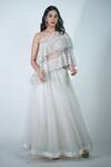 Shop_Rina Dhaka_Silver Silk Embroidery Beads And Fur One Shoulder Cape & Lehenga Set