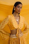 Shop_Drishti & Zahabia_Yellow Dupion Silk Printed Floral Peter Pan Collar Crop Top And Skirt Set _Online_at_Aza_Fashions