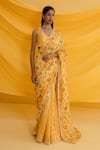 Buy_Drishti & Zahabia_Yellow Dupion Silk Printed Floral V Neck Saree With Blouse_Online_at_Aza_Fashions