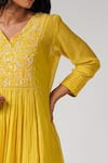 Label Mansi Nagdev_Yellow Chanderi Printed Floral V Neck Nahiza Hand Block Kurta Set _Online_at_Aza_Fashions