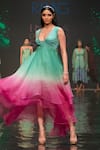 Ranng Label_Green Organza And Satin Blunt V Neck Ombre Tiered Dress _Online_at_Aza_Fashions