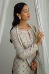 Shop_Drishti & Zahabia_Grey Kurta Dupion Silk Printed Floral High Round Keyhole Pant Set _Online_at_Aza_Fashions