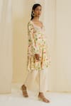 Buy_Drishti & Zahabia_Cream Dupion Silk Embroidered Floral Bell Sleeve Kurta And Cropped Pant Set _Online_at_Aza_Fashions