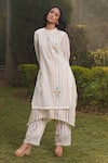 Dhaari_Off White Handwoven Cotton Silk Hand Embroidered Kantha Ruffle Collar Dress _Online_at_Aza_Fashions