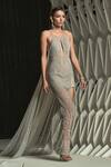 Rohit Gandhi + Rahul Khanna_Blue Tulle, Net Pearls, Crystals Halter Neck Starly Gown _Online_at_Aza_Fashions