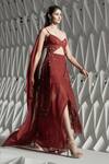 Rohit Gandhi + Rahul Khanna_Red Tulle Embellishment Organza Frays Sweetheart Spire Fringe Jacket And Skirt Set _Online_at_Aza_Fashions