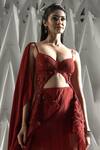 Buy_Rohit Gandhi + Rahul Khanna_Red Tulle Embellishment Organza Frays Sweetheart Spire Fringe Jacket And Skirt Set _Online_at_Aza_Fashions