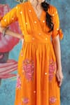 Kacha Tanka_Orange Cotton Satin Applique Floral V Neck Rose Dress _Online_at_Aza_Fashions