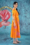 Buy_Kacha Tanka_Orange Cotton Satin Applique Floral V Neck Rose Dress _Online_at_Aza_Fashions