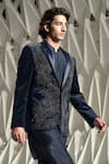 Rohit Gandhi + Rahul Khanna_Blue Velvet Embellished Beads Palladian Tuxedo _Online_at_Aza_Fashions