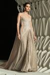 Rohit Gandhi + Rahul Khanna_Beige Tulle Crystals, Metallic Thread Sweetheart Neck Nave Gown _Online_at_Aza_Fashions