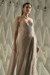 Shop_Rohit Gandhi + Rahul Khanna_Beige Tulle Crystals, Metallic Thread Sweetheart Neck Nave Gown _Online_at_Aza_Fashions