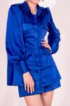 Sonam Parmar Jhawar_Blue Satin Stretch Plain Collared Neck Lexi Balloon Sleeve Shirt And Shorts Set_Online_at_Aza_Fashions