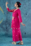 Buy_Kacha Tanka_Pink Cotton Satin Applique Floral V Neck Flower Angarkha Kurta Set _Online_at_Aza_Fashions