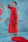 Kacha Tanka Red Cotton Satin Applique Floral Round Neck Asymmetric Kurta Sharara Set at Aza Fashions Kacha Tanka_Red Cotton Satin Applique Floral Round Neck Asymmetric Kurta Sharara Set _at_Aza_Fashions
