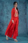 Buy_Kacha Tanka_Red Dupion Art Silk Embroidery Floral Lapel Mirror And Thread Crop Top Cape Set _Online_at_Aza_Fashions