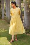 Buy_Dhaari_Yellow Handwoven Cotton Silk Hand Embroidered Stripe Front Gathered Dress _Online_at_Aza_Fashions