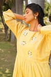 Dhaari_Yellow Handwoven Cotton Silk Hand Embroidered Stripe Front Gathered Dress _at_Aza_Fashions