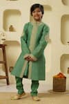 Rar studio - Kids_Green Chanderi Handloom 50% Silk X 50% Cotton Dori Sherwani Set  _Online_at_Aza_Fashions