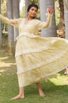 Dhaari_Yellow Handwoven Cotton Silk Hand Painted And Embroidered Floral Tiered _Online_at_Aza_Fashions
