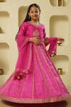 Rar studio - Kids_Fuchsia Chanderi Handloom 50% Silk X 50% Floral Blouse Lehenga Set  _Online_at_Aza_Fashions