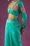 Kacha Tanka_Green Cotton Satin Applique Floral V Rose Pattern Front Knot Top And Palazzo Set _Online_at_Aza_Fashions