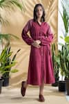 Shop_Pants and Pajamas_Wine Kala Cotton Hand Embroidered Stitch Lines Gudhal Balloon Sleeve Dress _Online_at_Aza_Fashions