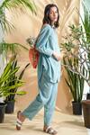 Pants and Pajamas_Blue Kala Cotton Embroidered Mogra Shirt Tunic And Straight Pant Set For Women_Online_at_Aza_Fashions