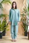 Buy_Pants and Pajamas_Blue Kala Cotton Embroidered Mogra Shirt Tunic And Straight Pant Set For Women_Online_at_Aza_Fashions