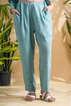 Pants and Pajamas_Blue Kala Cotton Embroidered Mogra Shirt Tunic And Straight Pant Set For Women_at_Aza_Fashions