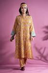 Pants And Pajamas_Yellow Cotton, Chanderi Embroidery Kyrah Floral Block Print Kurta Pant Set_Online_at_Aza_Fashions